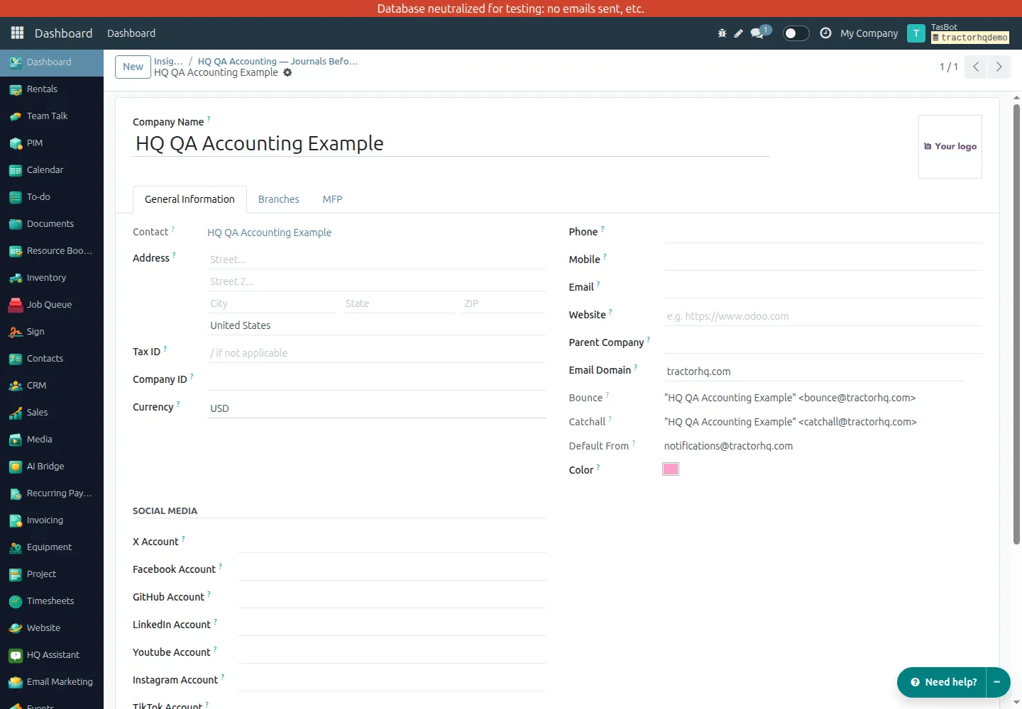 HQ company record for the isolated accounting example