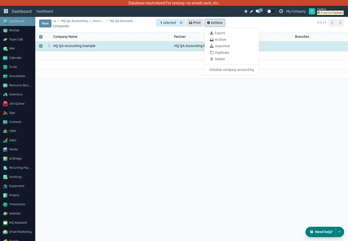 Initialize company accounting in the HQ Companies list Actions menu
