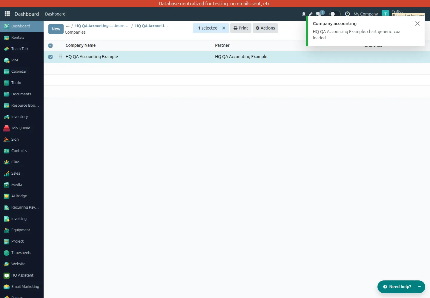Successful accounting initialization notification for HQ QA Accounting Example