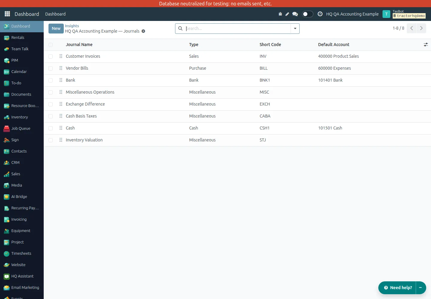 Journals after initialization for HQ QA Accounting Example