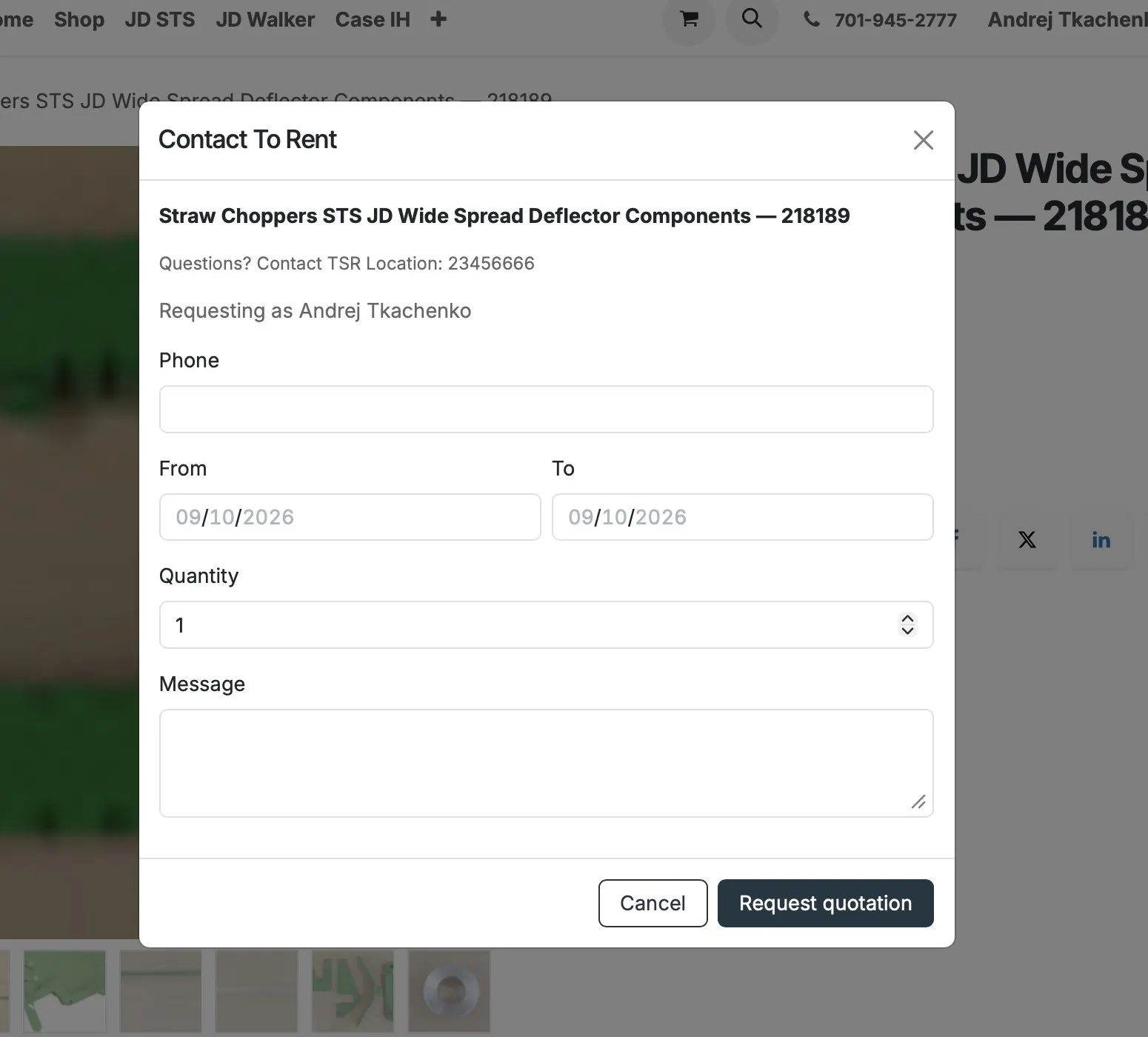 Contact To Rent form with the contact phone