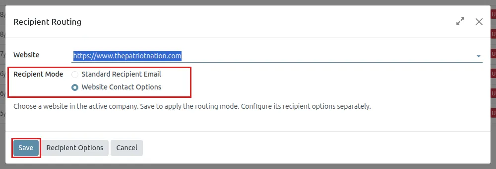 Recipient Routing: choose Website Contact Options and click Save
