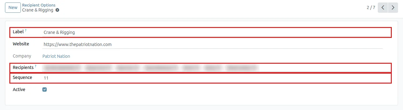 One recipient option: Label, Recipients and Sequence