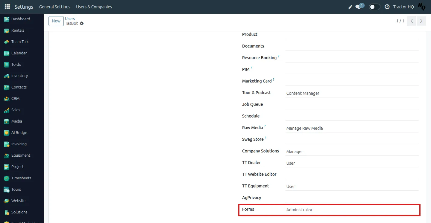 User form, Access Rights tab: Forms set to Administrator