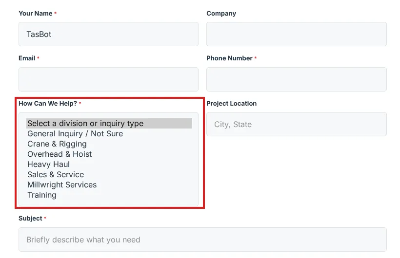 Contact Us form with the How Can We Help? list