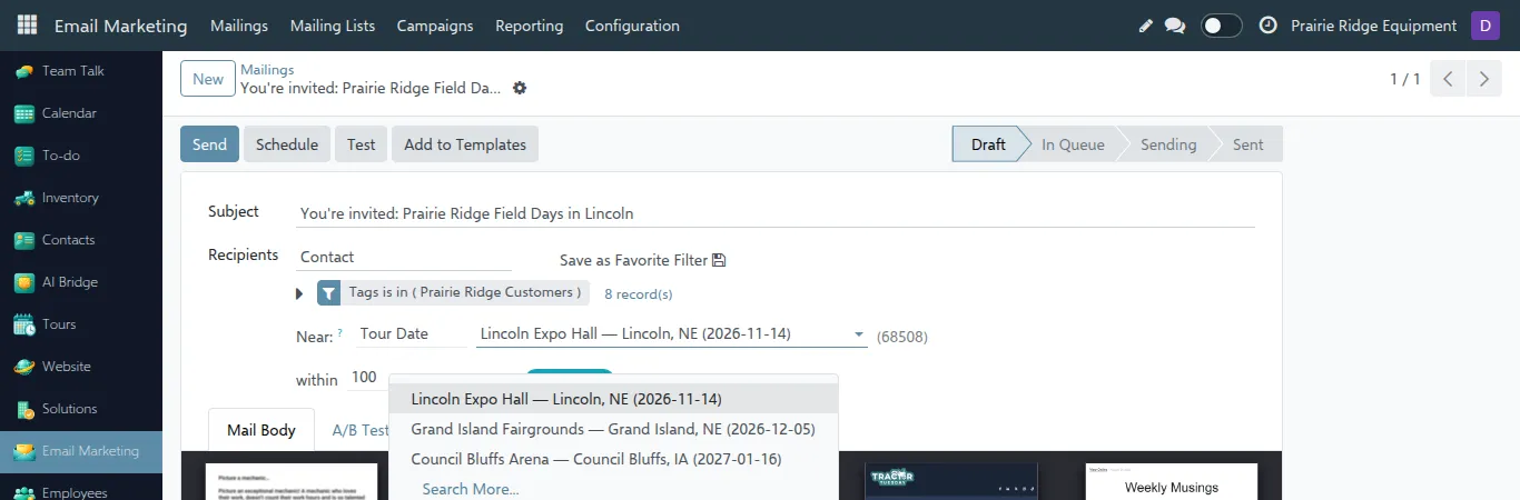 Tour date drop-down with tour dates and their city, state and date