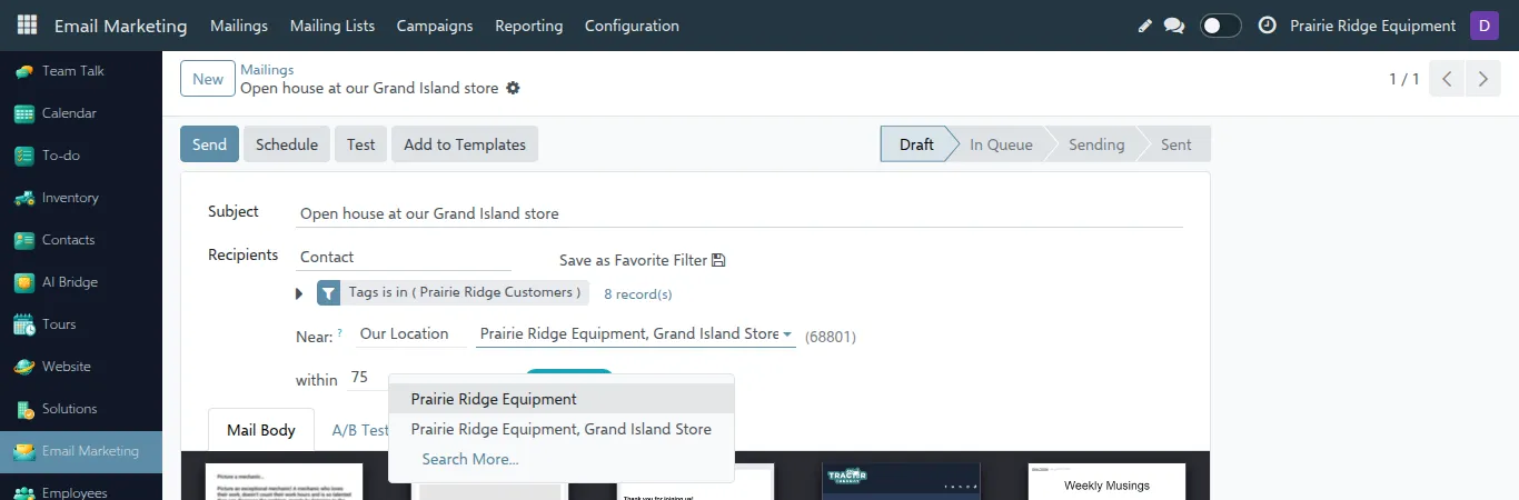 Our Location drop-down with the company address and its Grand Island store