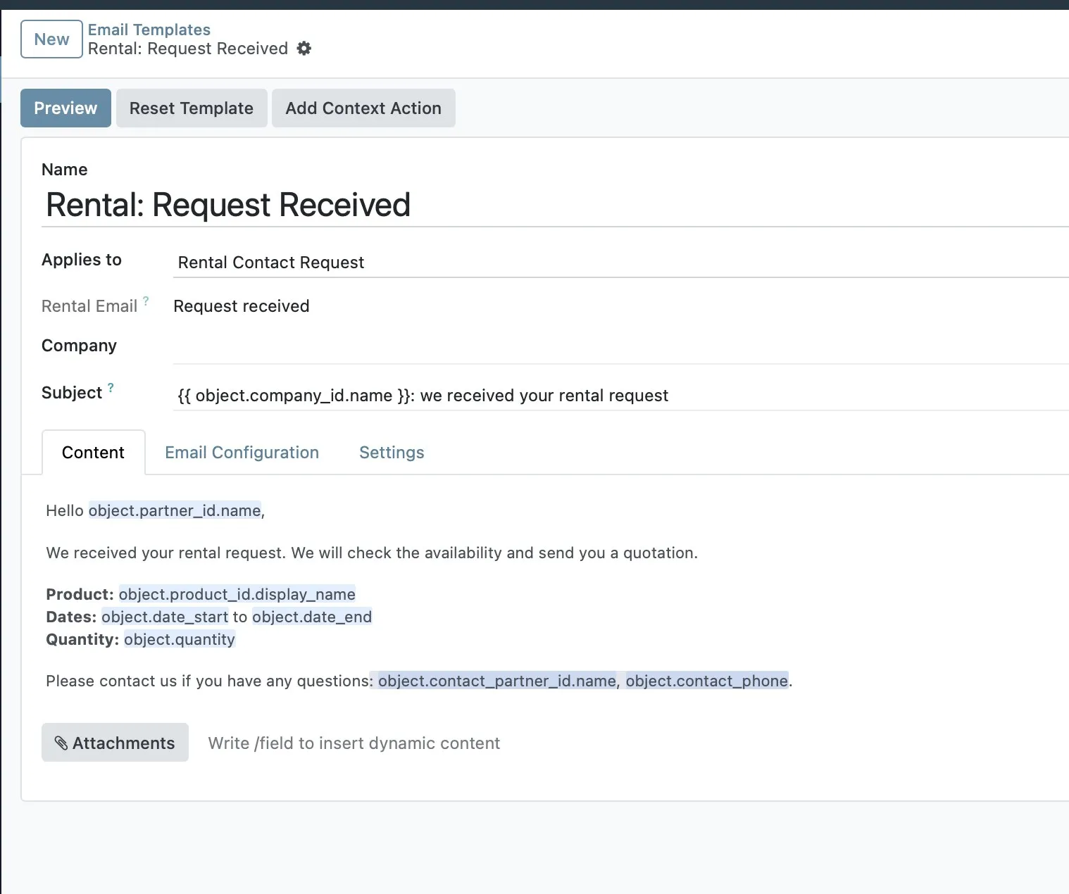 Rental: Request Received template