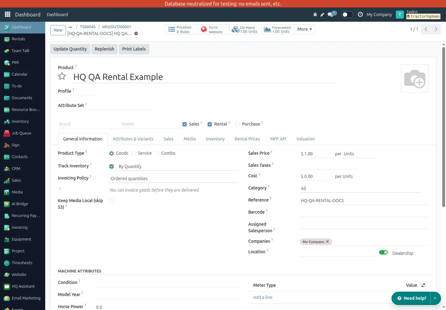 HQ QA Rental Example product configuration