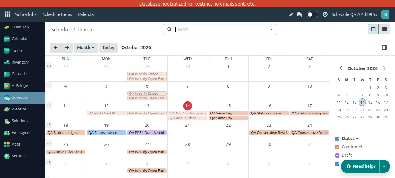 October backend Calendar showing active Draft, Confirmed and Private items, unpublished fixtures, and weekly occurrences with the excluded date omitted