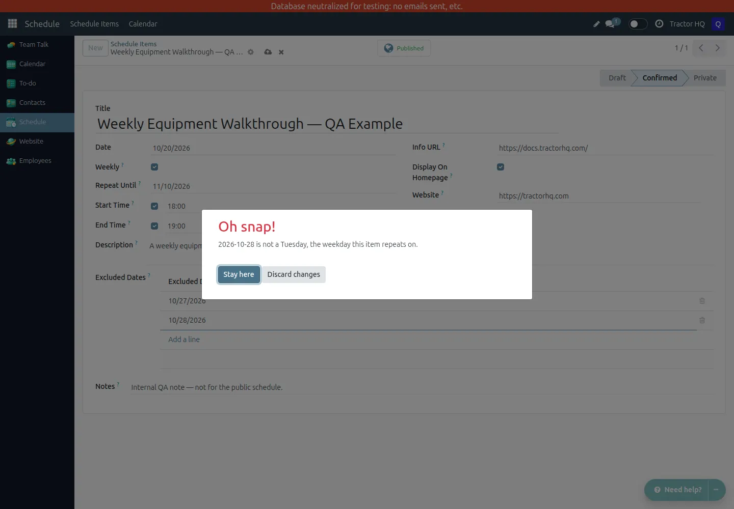 Validation dialog rejecting a Wednesday exclusion in a Tuesday weekly series