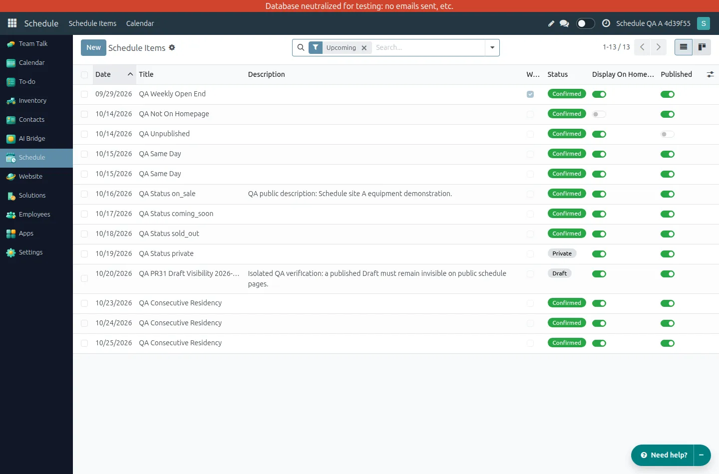 Schedule Items list with Confirmed, Private, and Draft fixtures and publication and homepage toggles