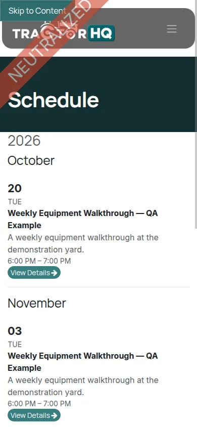 Schedule on a mobile viewport with stacked date, title, description, time, and View Details