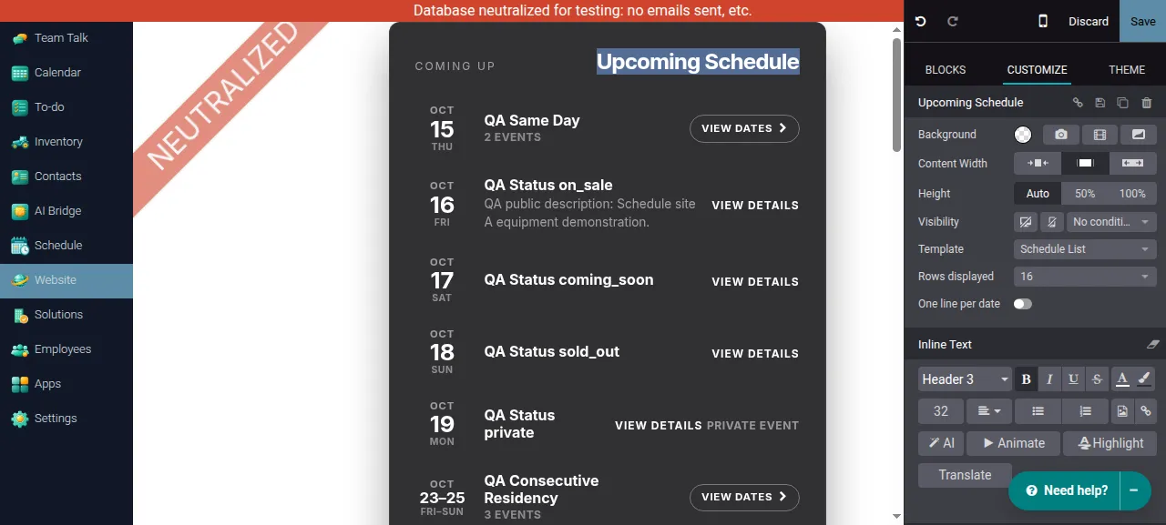Customize panel showing Rows displayed set to 16 and One line per date switched off