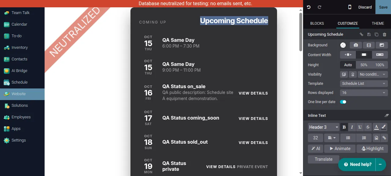 One line per date enabled with separate October 15 events and their individual times