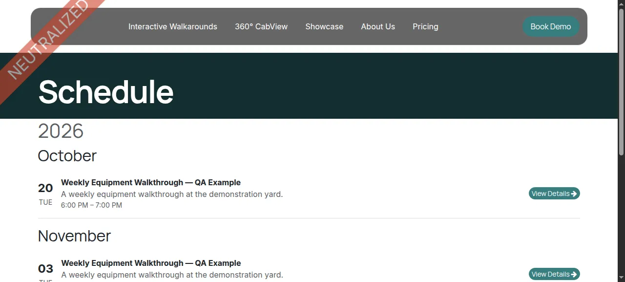 Public Schedule viewport showing October 20 and the beginning of November 3 for the Confirmed weekly example