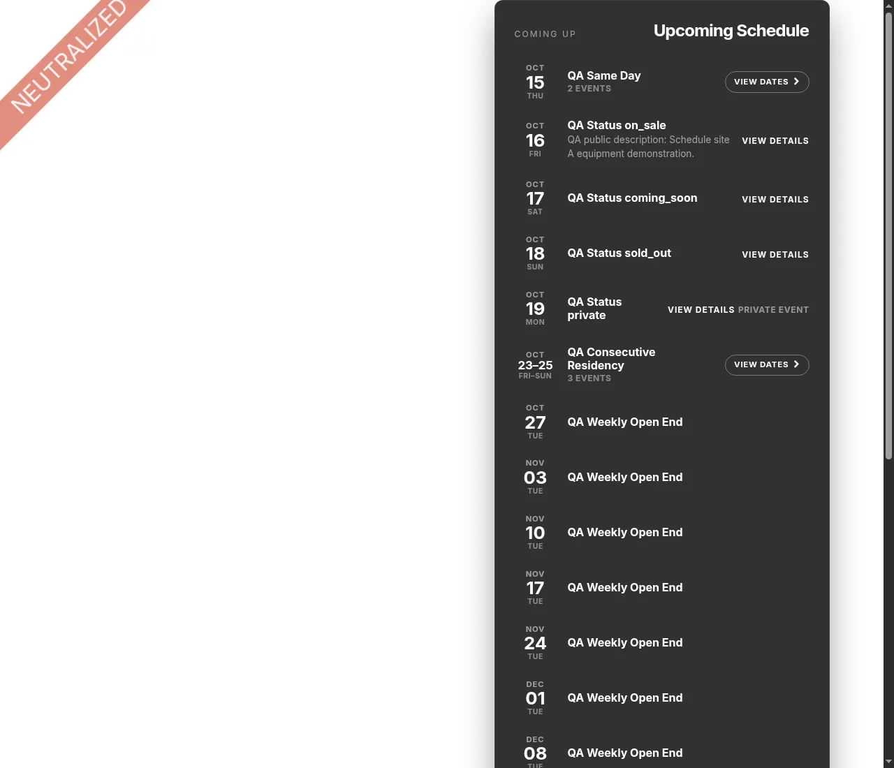 Grouped one-off dates shown as October 23–25 alongside separate weekly occurrences