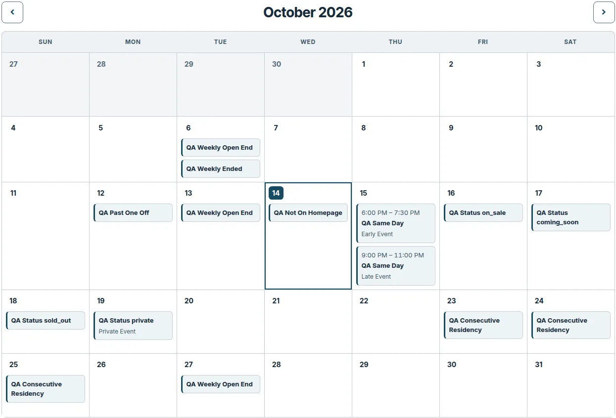 Visitor desktop month calendar for October 2026, with weekly dates, local times, and a public Private Event label