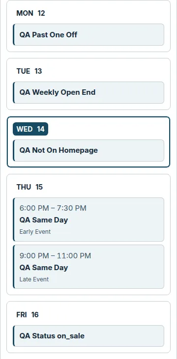 Visitor mobile calendar excerpt showing separate day cards and October 15 early and late event times