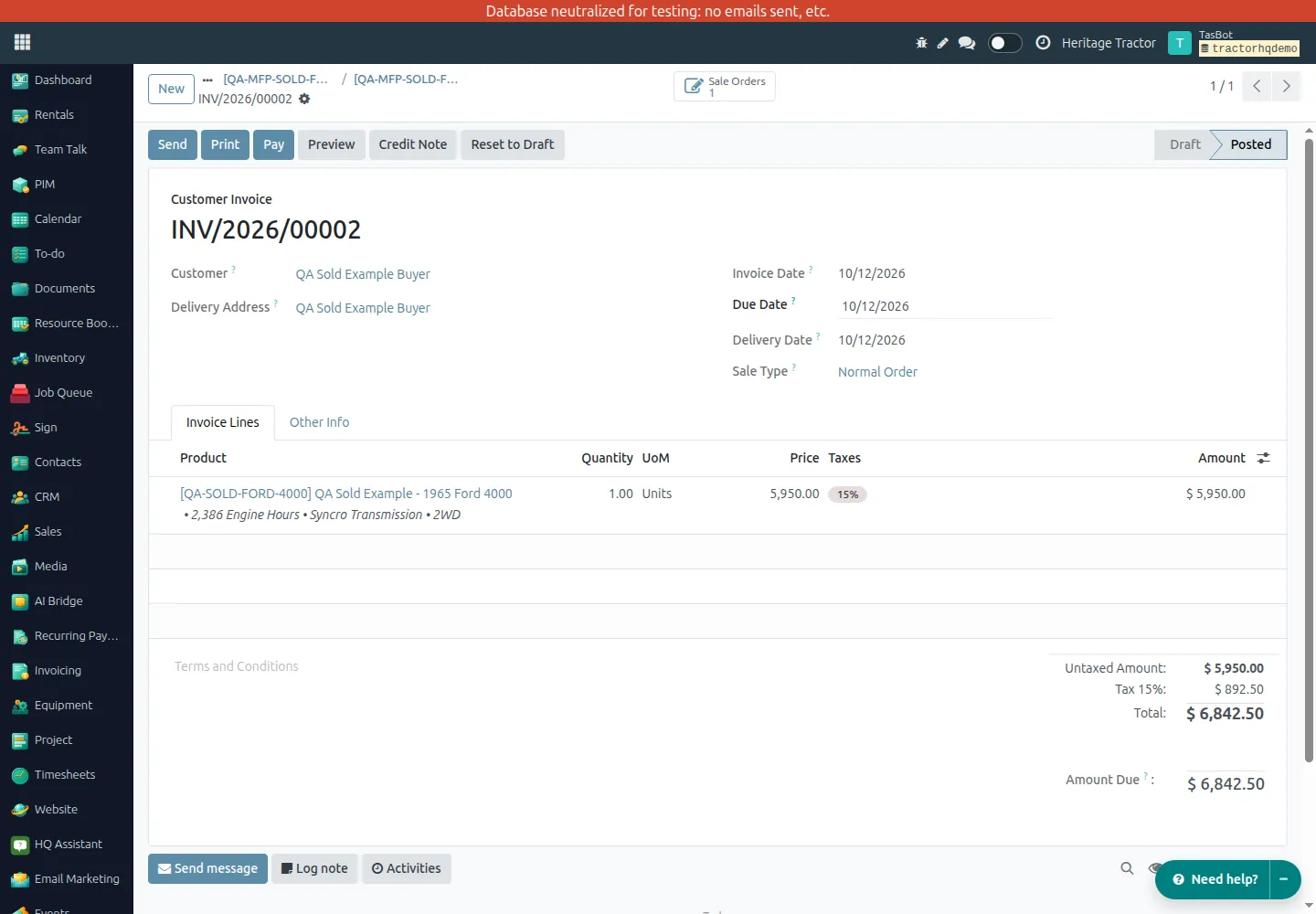 Posted customer invoice INV/2026/00002