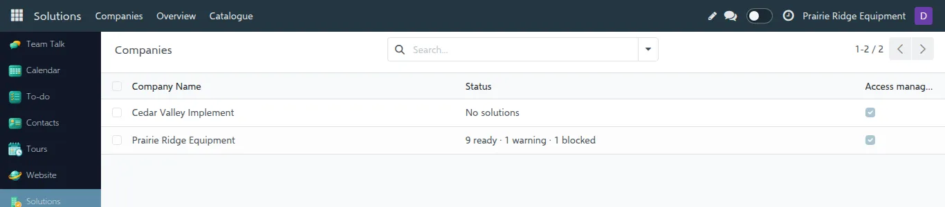 Companies list in the Solutions app