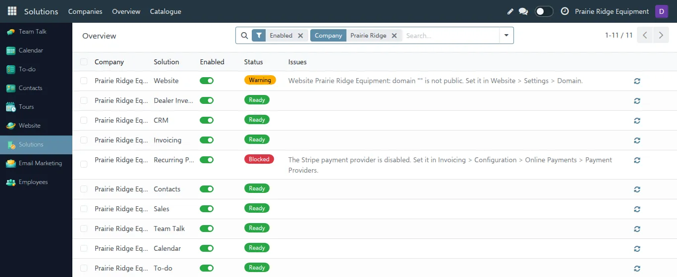 Overview of one company: one line per solution with its status and issues