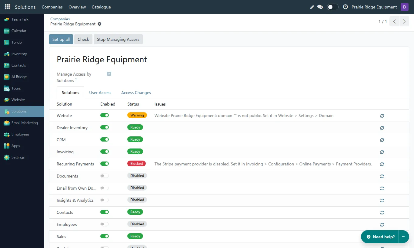 Company with the Solutions tab