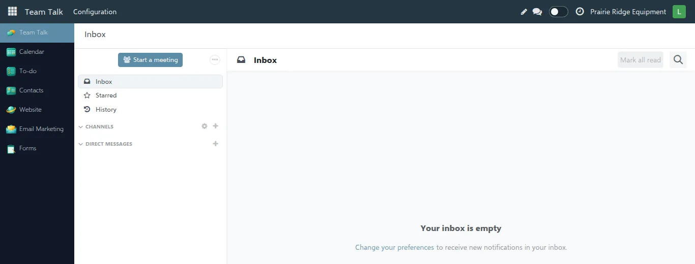 Menu of a website editor: Team Talk, Calendar, To-do, Contacts, Website, Email Marketing, Forms