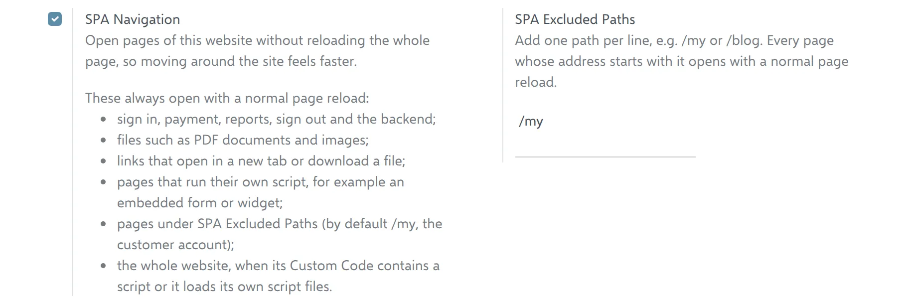 SPA Navigation settings: the on/off switch, the list of pages that always reload and the SPA Excluded Paths field