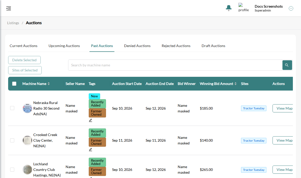 The auctions list with a Sites column and the Sites of Selected button
