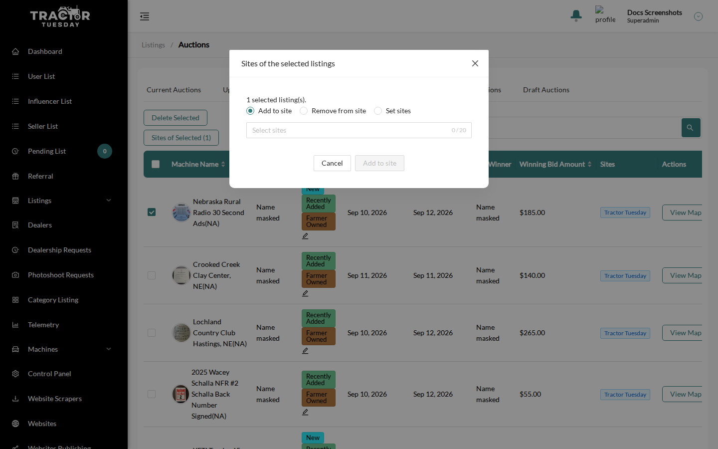The Sites of the selected listings modal
