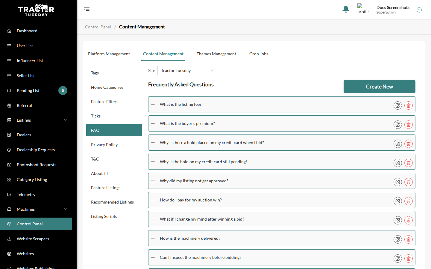The FAQ page with the Site dropdown