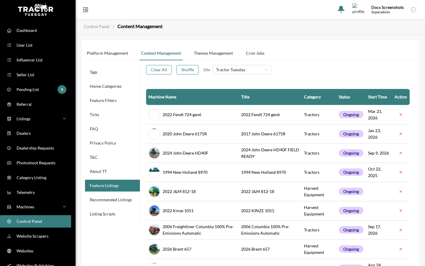 Feature Listings with the Site dropdown and the Clear All and Shuffle buttons