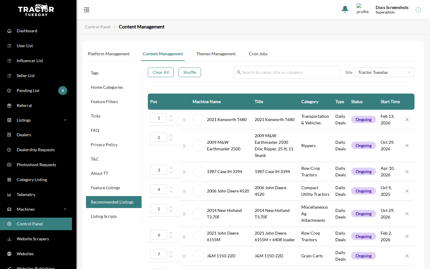 Recommended Listings with the Site dropdown, Clear All and Shuffle buttons, a search box and a Pos column