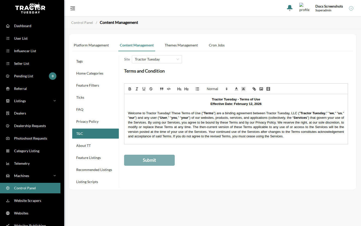 The T&C page with the Site dropdown
