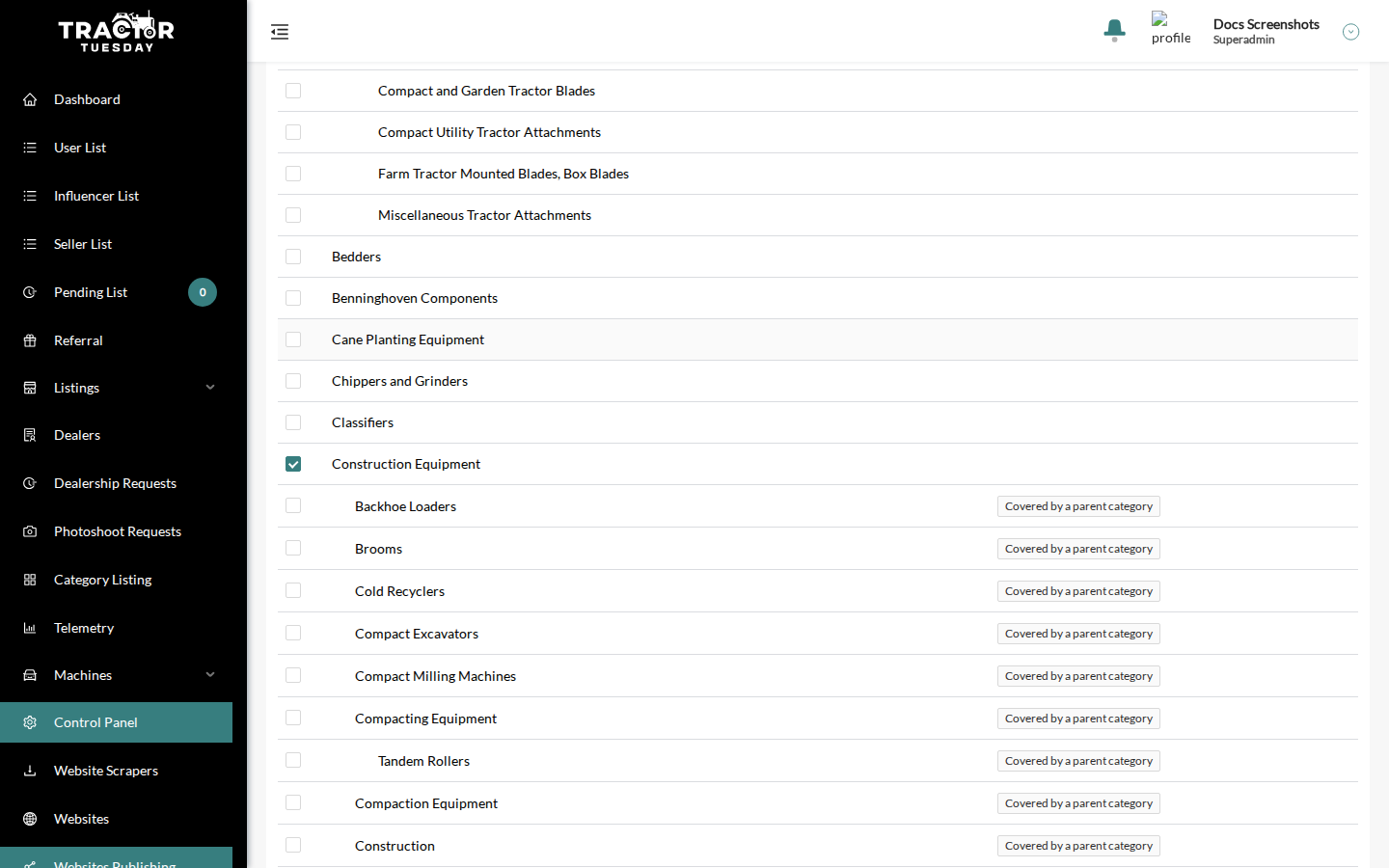 The Categories tab with a ticked category and the "Covered by a parent category" tags