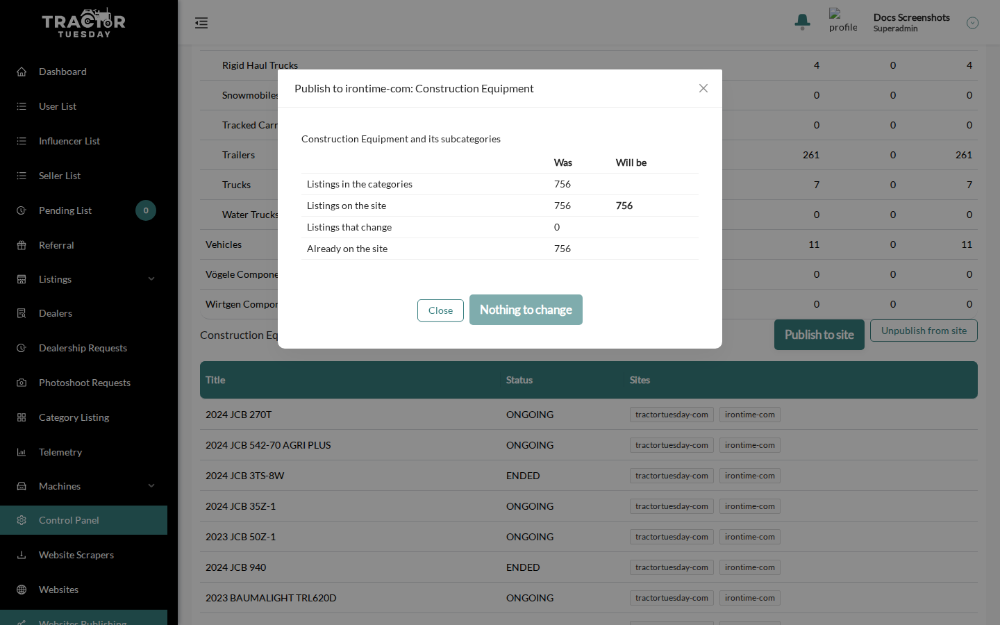 The Publish to dialog with the Was and Will be table and a disabled Nothing to change button