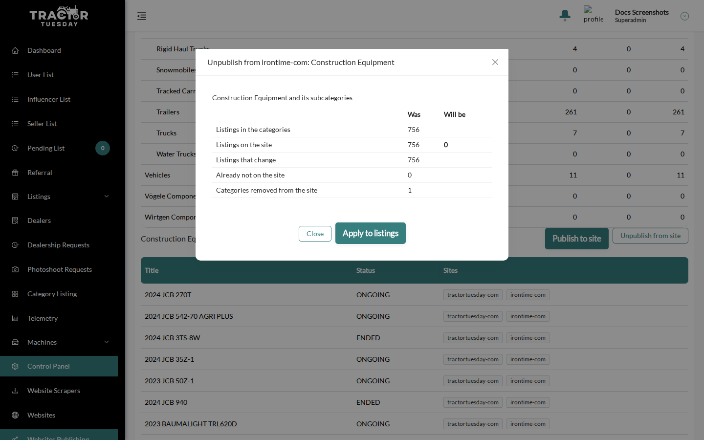 The Unpublish from dialog with the row Categories removed from the site and the Apply to listings button