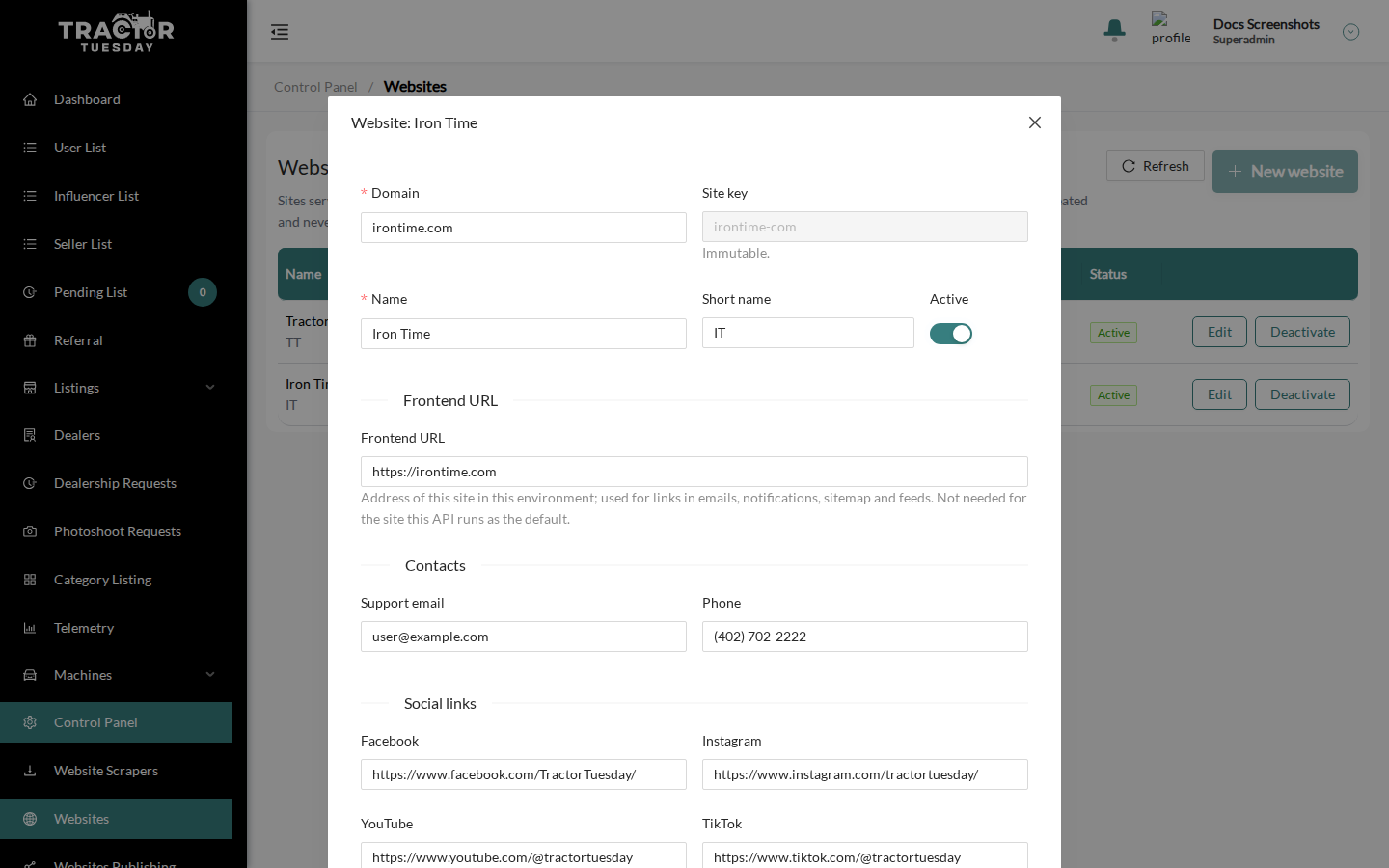 The website form with Frontend URL, contacts and social links