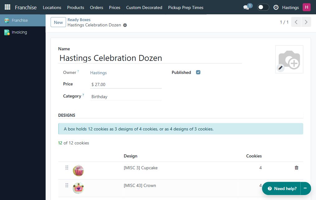 Published Hastings Celebration Dozen with its owner, category, and box price.