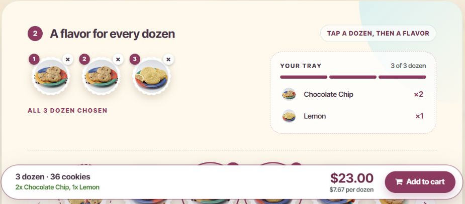 A three-dozen tray preview showing two dozen Chocolate Chip and one dozen Lemon.