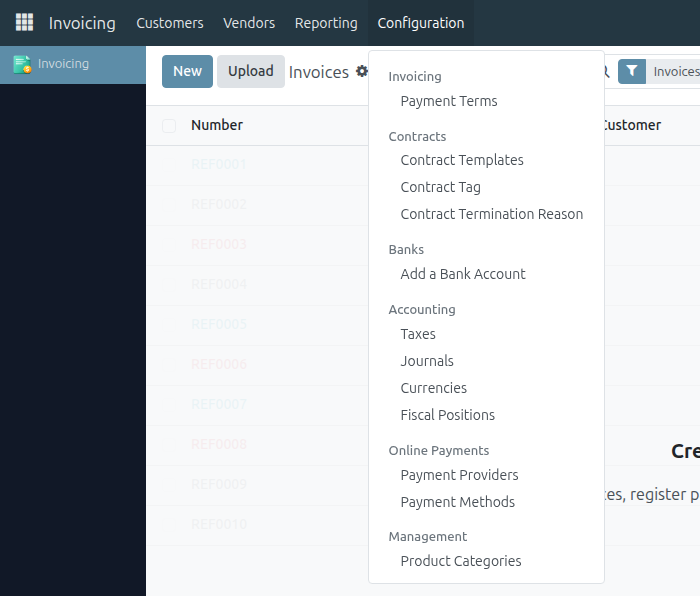 Invoicing Configuration menu of a Payment Provider Manager, with Online Payments → Payment Providers.