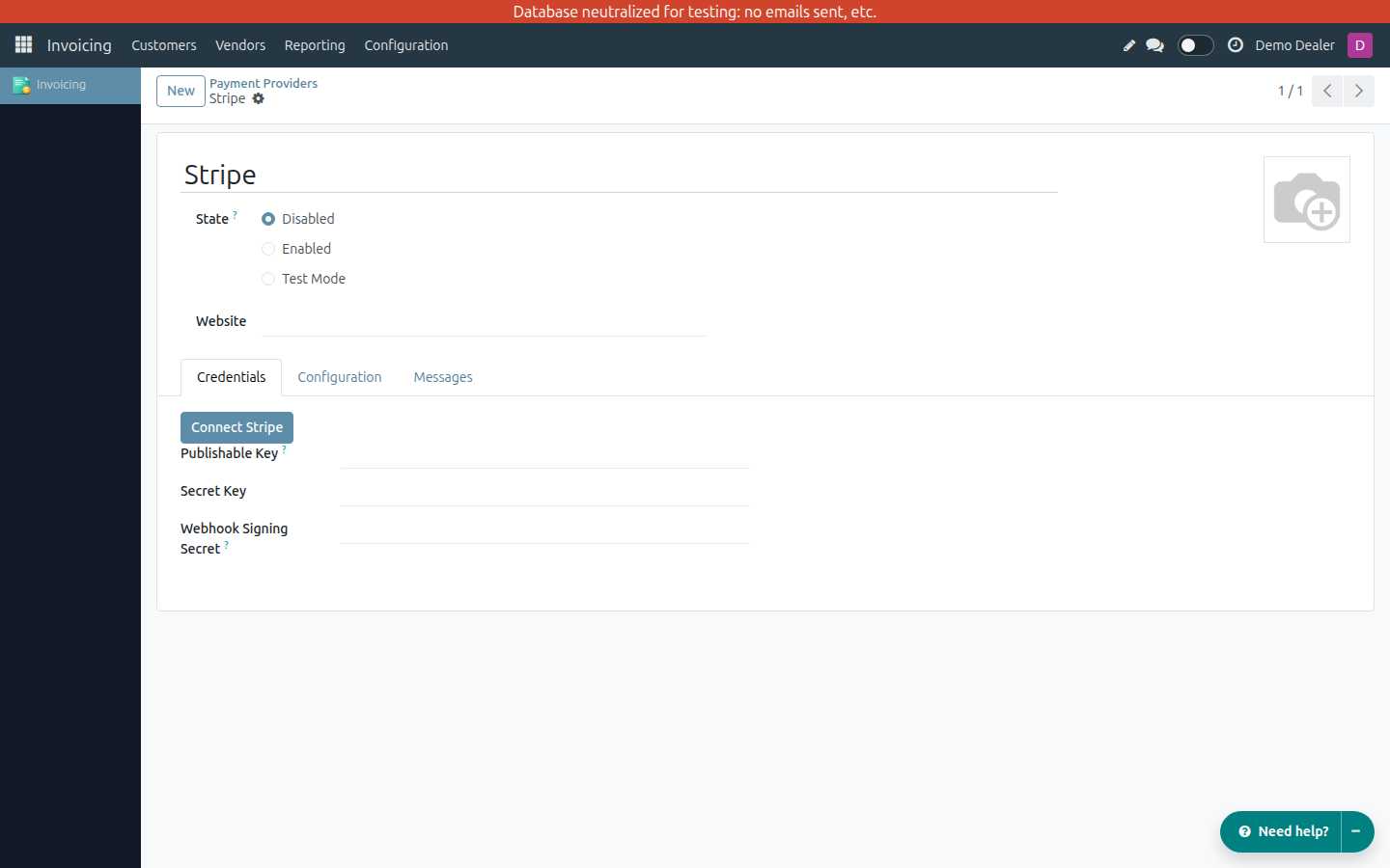 Stripe Credentials tab of a Payment Provider Manager in QA: company Demo Dealer, State Disabled, and empty Publishable Key, Secret Key, and Webhook Signing Secret fields.