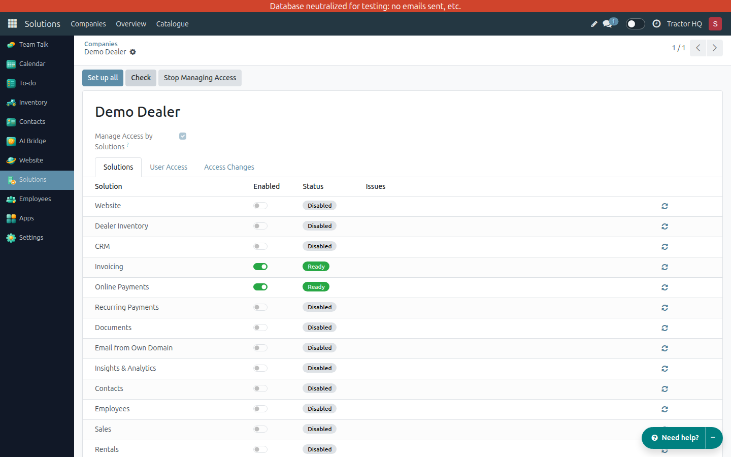 Solutions tab of a company with Invoicing and Online Payments Ready.