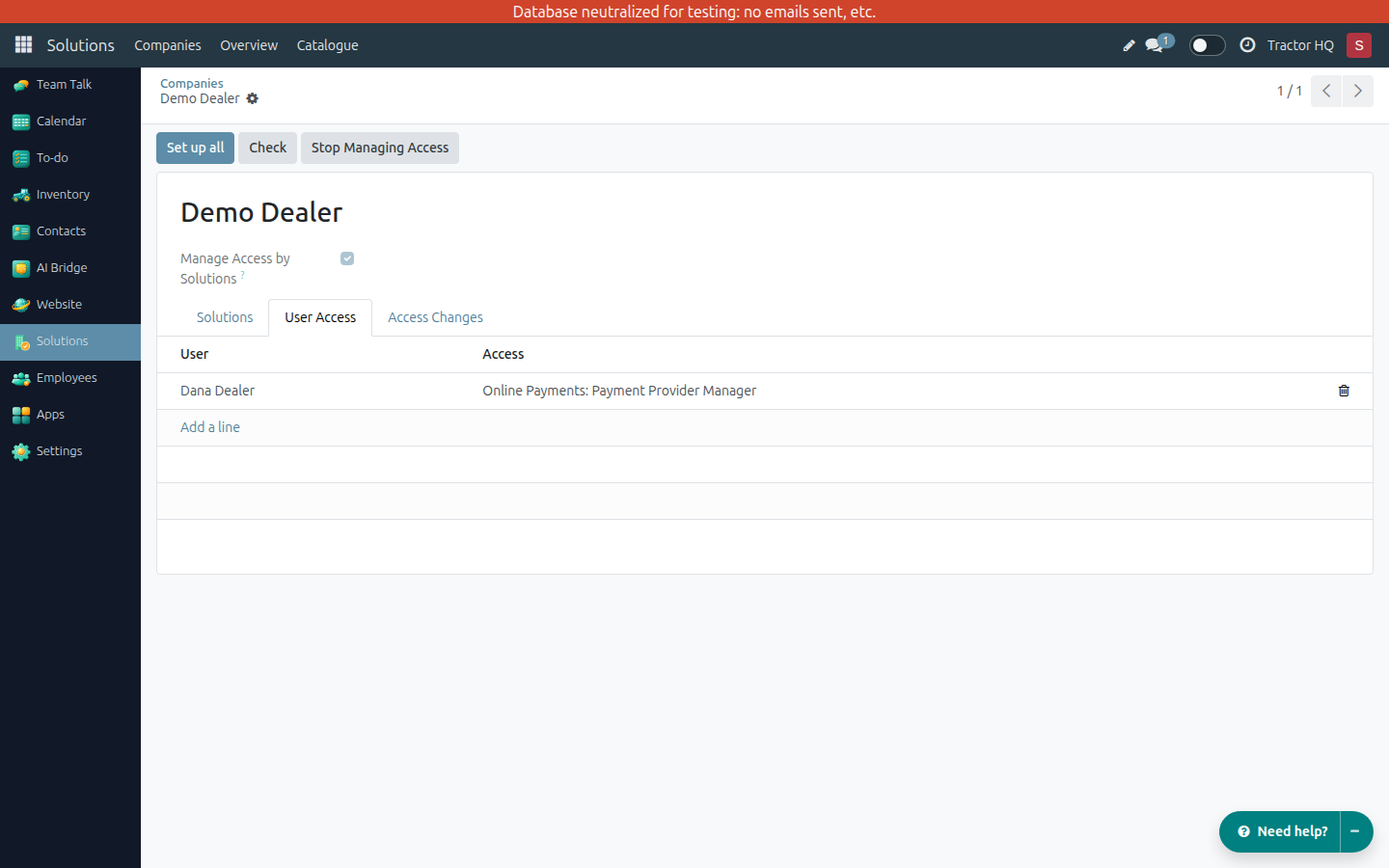 User Access tab showing a user with Online Payments: Payment Provider Manager.