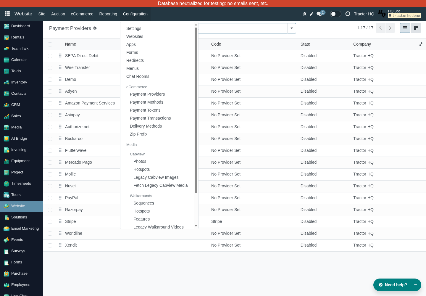 Website Configuration menu showing Payment Providers and the Tractor HQ company in QA.
