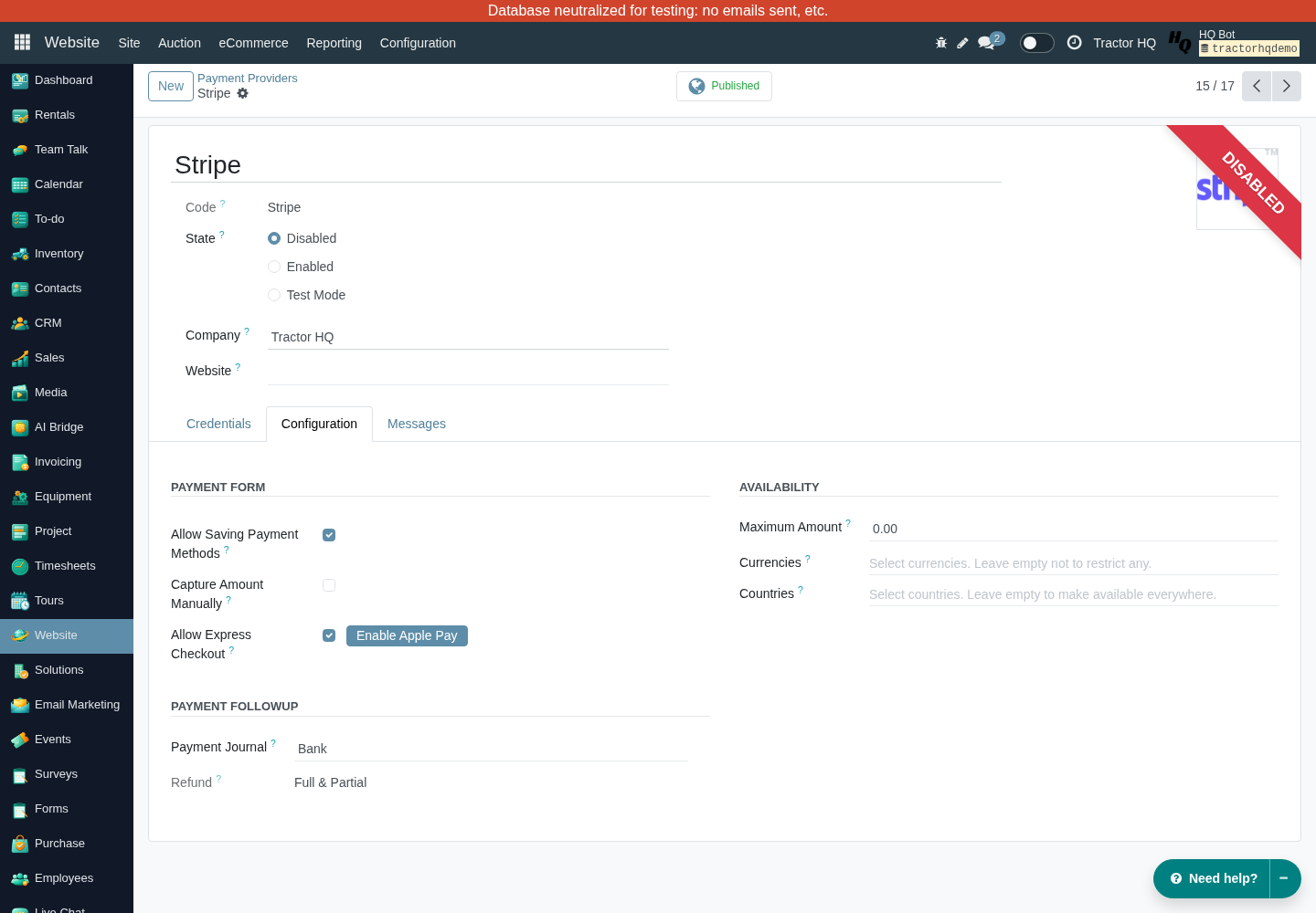 Stripe Configuration tab in QA showing payment form options, availability restrictions, and Payment Journal; the provider is still Disabled.
