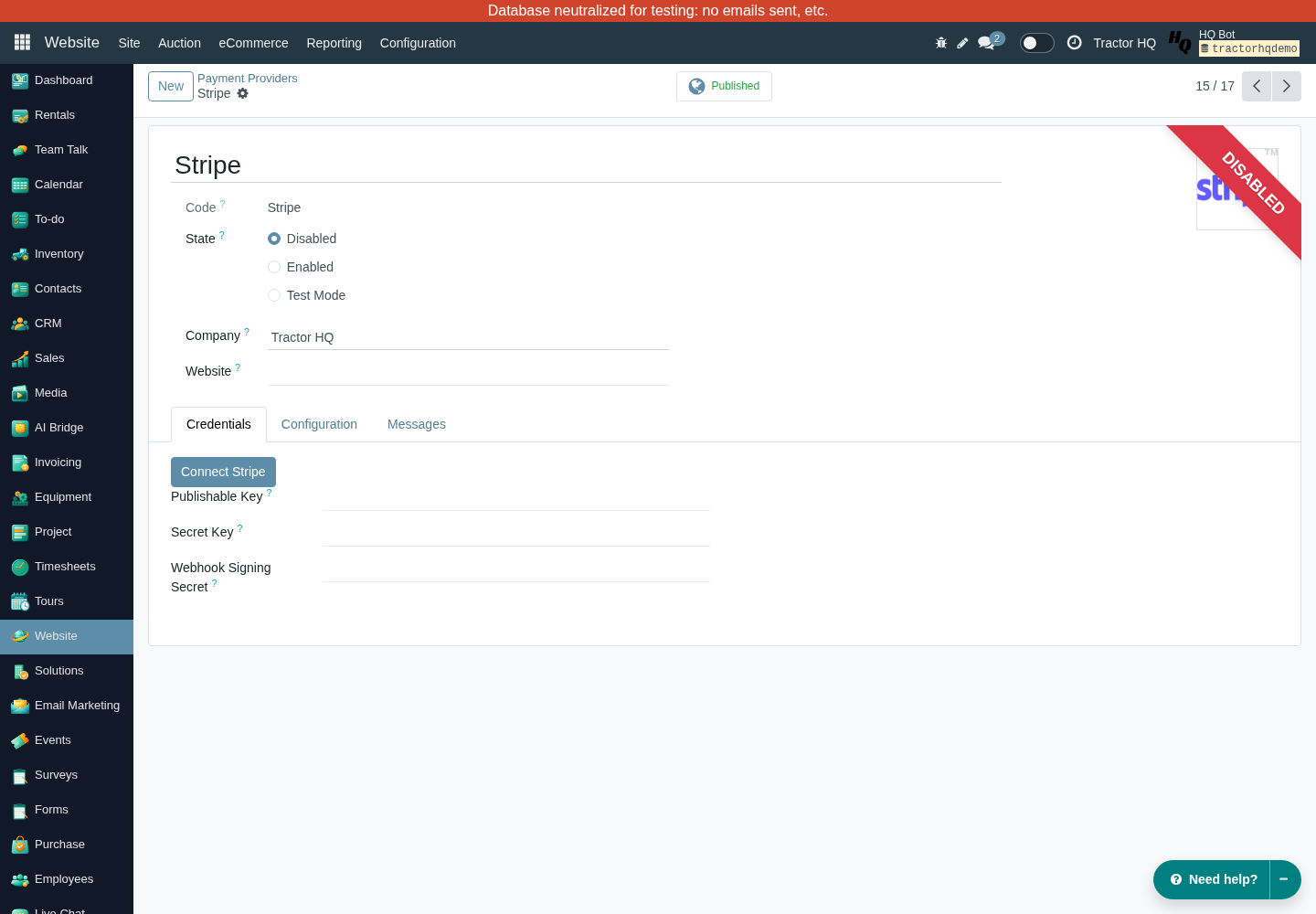 Stripe Credentials tab in QA: company Tractor HQ, State Disabled, and empty Publishable Key, Secret Key, and Webhook Signing Secret fields.